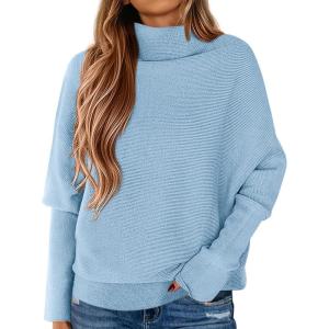 imagePRETTYGARDEN Fall Sweaters for Women 2026 Winter Clothing Batwing Sleeve Casual Loose Knit Turtleneck Sweater Holiday OutfitsBlue