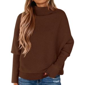 imagePRETTYGARDEN Fall Sweaters for Women 2026 Winter Clothing Batwing Sleeve Casual Loose Knit Turtleneck Sweater Holiday OutfitsBrown