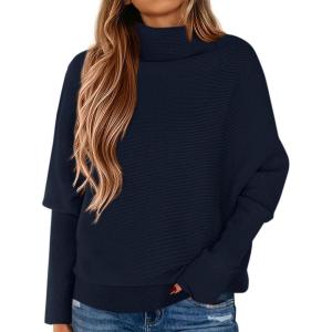 imagePRETTYGARDEN Fall Sweaters for Women 2026 Winter Clothing Batwing Sleeve Casual Loose Knit Turtleneck Sweater Holiday OutfitsNavy