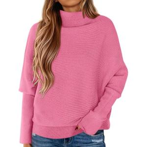 imagePRETTYGARDEN Fall Sweaters for Women 2026 Winter Clothing Batwing Sleeve Casual Loose Knit Turtleneck Sweater Holiday OutfitsPink