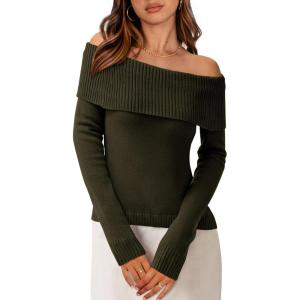 imagePRETTYGARDEN Off The Shoulder Sweater for Women 2026 Fall Fashion Cute Long Sleeve Tops Winter Ribbed Pullover Knit OutfitsArmy Green