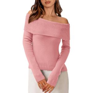 imagePRETTYGARDEN Off The Shoulder Sweater for Women 2026 Fall Fashion Cute Long Sleeve Tops Winter Ribbed Pullover Knit OutfitsBean Paste Pink