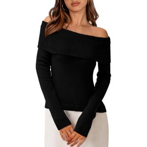 imagePRETTYGARDEN Off The Shoulder Sweater for Women 2026 Fall Fashion Cute Long Sleeve Tops Winter Ribbed Pullover Knit OutfitsBlack