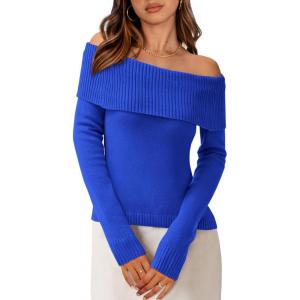 imagePRETTYGARDEN Off The Shoulder Sweater for Women 2026 Fall Fashion Cute Long Sleeve Tops Winter Ribbed Pullover Knit OutfitsBlue