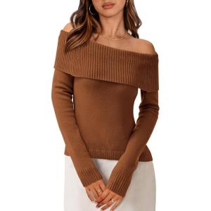 imagePRETTYGARDEN Off The Shoulder Sweater for Women 2026 Fall Fashion Cute Long Sleeve Tops Winter Ribbed Pullover Knit OutfitsCoffee