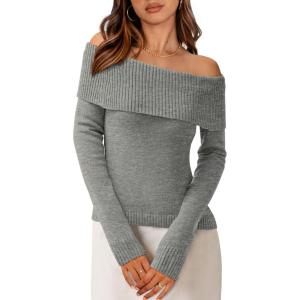 imagePRETTYGARDEN Off The Shoulder Sweater for Women 2026 Fall Fashion Cute Long Sleeve Tops Winter Ribbed Pullover Knit OutfitsGrey
