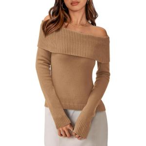 imagePRETTYGARDEN Off The Shoulder Sweater for Women 2026 Fall Fashion Cute Long Sleeve Tops Winter Ribbed Pullover Knit OutfitsKhaki