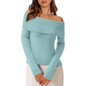 imagePRETTYGARDEN Off The Shoulder Sweater for Women 2026 Fall Fashion Cute Long Sleeve Tops Winter Ribbed Pullover Knit OutfitsLight Blue
