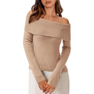 imagePRETTYGARDEN Off The Shoulder Sweater for Women 2026 Fall Fashion Cute Long Sleeve Tops Winter Ribbed Pullover Knit OutfitsLight Camel