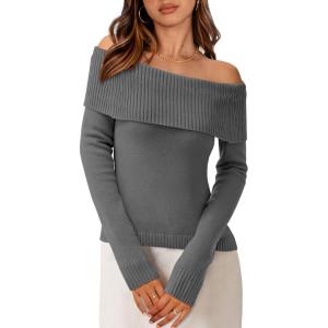 imagePRETTYGARDEN Off The Shoulder Sweater for Women 2026 Fall Fashion Cute Long Sleeve Tops Winter Ribbed Pullover Knit OutfitsMid Grey
