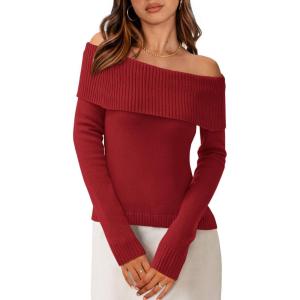 imagePRETTYGARDEN Off The Shoulder Sweater for Women 2026 Fall Fashion Cute Long Sleeve Tops Winter Ribbed Pullover Knit OutfitsRust Red