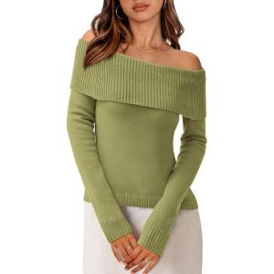 imagePRETTYGARDEN Off The Shoulder Sweater for Women 2026 Fall Fashion Cute Long Sleeve Tops Winter Ribbed Pullover Knit OutfitsSage Green