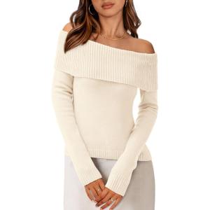imagePRETTYGARDEN Off The Shoulder Sweater for Women 2026 Fall Fashion Cute Long Sleeve Tops Winter Ribbed Pullover Knit OutfitsSnow White