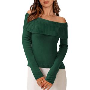 imagePRETTYGARDEN Off The Shoulder Sweater for Women 2026 Fall Fashion Cute Long Sleeve Tops Winter Ribbed Pullover Knit OutfitsWood Green