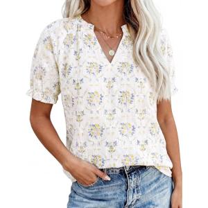 imagePRETTYGARDEN Summer Short Sleeve V Neck Shirts for Women 2026 Trendy Floral Print Loose Ruffle Tops Business Casual BlousesFloral Beige