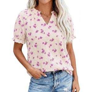 imagePRETTYGARDEN Summer Short Sleeve V Neck Shirts for Women 2026 Trendy Floral Print Loose Ruffle Tops Business Casual BlousesSmall Purple Flower