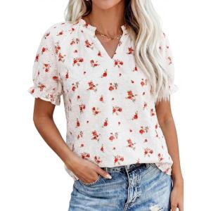 imagePRETTYGARDEN Summer Short Sleeve V Neck Shirts for Women 2026 Trendy Floral Print Loose Ruffle Tops Business Casual BlousesSmall Red Flower