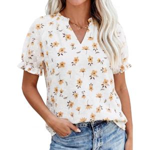 imagePRETTYGARDEN Summer Short Sleeve V Neck Shirts for Women 2026 Trendy Floral Print Loose Ruffle Tops Business Casual BlousesSmall Yellow Flower
