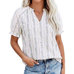 imagePRETTYGARDEN Summer Short Sleeve V Neck Shirts for Women 2026 Trendy Floral Print Loose Ruffle Tops Business Casual BlousesStriped and Flower