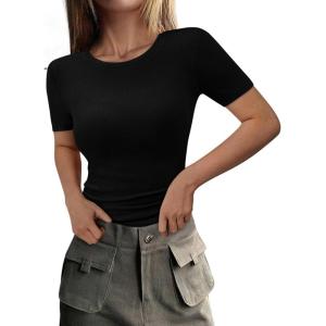 imagePRETTYGARDEN Women 2026 Summer Crew Neck Short Sleeve Tops Ribbed Knit Slim Fit Fashion Basic Tee Shirts Casual Going Out TopBlack