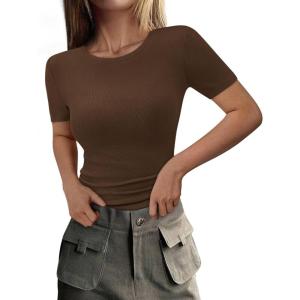 imagePRETTYGARDEN Women 2026 Summer Crew Neck Short Sleeve Tops Ribbed Knit Slim Fit Fashion Basic Tee Shirts Casual Going Out TopCoffee