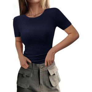imagePRETTYGARDEN Women 2026 Summer Crew Neck Short Sleeve Tops Ribbed Knit Slim Fit Fashion Basic Tee Shirts Casual Going Out TopDark Blue