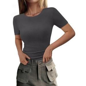 imagePRETTYGARDEN Women 2026 Summer Crew Neck Short Sleeve Tops Ribbed Knit Slim Fit Fashion Basic Tee Shirts Casual Going Out TopDark Grey