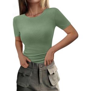 imagePRETTYGARDEN Women 2026 Summer Crew Neck Short Sleeve Tops Ribbed Knit Slim Fit Fashion Basic Tee Shirts Casual Going Out TopGreen