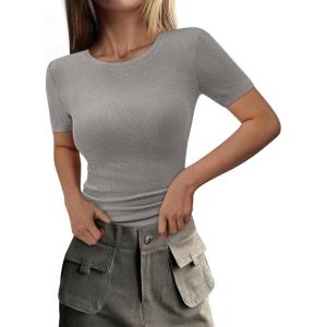 imagePRETTYGARDEN Women 2026 Summer Crew Neck Short Sleeve Tops Ribbed Knit Slim Fit Fashion Basic Tee Shirts Casual Going Out TopGrey