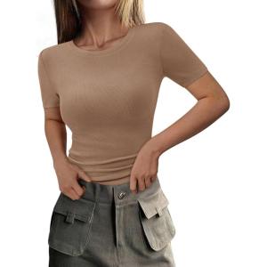 imagePRETTYGARDEN Women 2026 Summer Crew Neck Short Sleeve Tops Ribbed Knit Slim Fit Fashion Basic Tee Shirts Casual Going Out TopLight Khaki