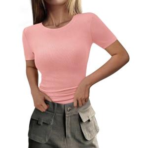 imagePRETTYGARDEN Women 2026 Summer Crew Neck Short Sleeve Tops Ribbed Knit Slim Fit Fashion Basic Tee Shirts Casual Going Out TopPink