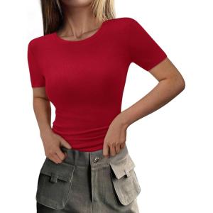 imagePRETTYGARDEN Women 2026 Summer Crew Neck Short Sleeve Tops Ribbed Knit Slim Fit Fashion Basic Tee Shirts Casual Going Out TopRed