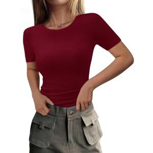 imagePRETTYGARDEN Women 2026 Summer Crew Neck Short Sleeve Tops Ribbed Knit Slim Fit Fashion Basic Tee Shirts Casual Going Out TopWine Red