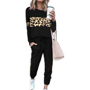 imagePRETTYGARDEN Womens 2 Piece Sets 2026 Long Sleeve Tops High Waisted Sweatpants Lounge Set Fall Fashion Travel OutfitsLeopard Black