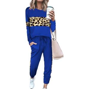imagePRETTYGARDEN Womens 2 Piece Sets 2026 Long Sleeve Tops High Waisted Sweatpants Lounge Set Fall Fashion Travel OutfitsLeopard Blue