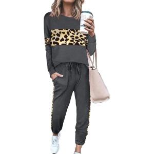 imagePRETTYGARDEN Womens 2 Piece Sets 2026 Long Sleeve Tops High Waisted Sweatpants Lounge Set Fall Fashion Travel OutfitsLeopard Dark Grey