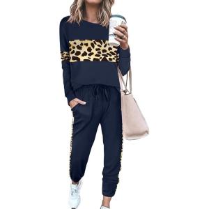 imagePRETTYGARDEN Womens 2 Piece Sets 2026 Long Sleeve Tops High Waisted Sweatpants Lounge Set Fall Fashion Travel OutfitsLeopard Navy