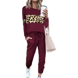 imagePRETTYGARDEN Womens 2 Piece Sets 2026 Long Sleeve Tops High Waisted Sweatpants Lounge Set Fall Fashion Travel OutfitsLeopard Wine Red