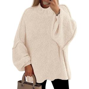 imagePRETTYGARDEN Womens 2026 Fall Oversized Sweaters Chunky Knit Mock Neck Long Sleeve Casual Trendy Pullover Winter ClothesBeige