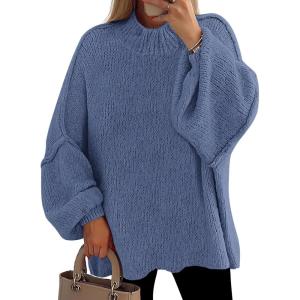 imagePRETTYGARDEN Womens 2026 Fall Oversized Sweaters Chunky Knit Mock Neck Long Sleeve Casual Trendy Pullover Winter ClothesBlue