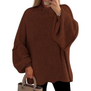 imagePRETTYGARDEN Womens 2026 Fall Oversized Sweaters Chunky Knit Mock Neck Long Sleeve Casual Trendy Pullover Winter ClothesCaramel
