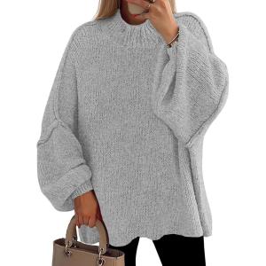 imagePRETTYGARDEN Womens 2026 Fall Oversized Sweaters Chunky Knit Mock Neck Long Sleeve Casual Trendy Pullover Winter ClothesLight Grey
