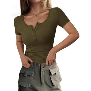 imagePRETTYGARDEN Womens 2026 Fall Summer Short Sleeve Tops Ribbed Henley Button Slim Fit Basic Casual T Shirts Blouse ClothingArmy Green