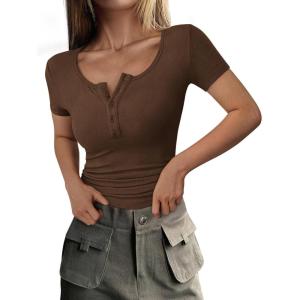 imagePRETTYGARDEN Womens 2026 Fall Summer Short Sleeve Tops Ribbed Henley Button Slim Fit Basic Casual T Shirts Blouse ClothingCoffee