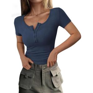 imagePRETTYGARDEN Womens 2026 Fall Summer Short Sleeve Tops Ribbed Henley Button Slim Fit Basic Casual T Shirts Blouse ClothingDark Blue
