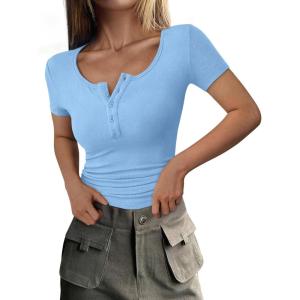 imagePRETTYGARDEN Womens 2026 Fall Summer Short Sleeve Tops Ribbed Henley Button Slim Fit Basic Casual T Shirts Blouse ClothingLight Blue