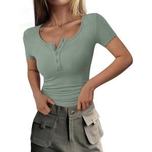 imagePRETTYGARDEN Womens 2026 Fall Summer Short Sleeve Tops Ribbed Henley Button Slim Fit Basic Casual T Shirts Blouse ClothingLight Green