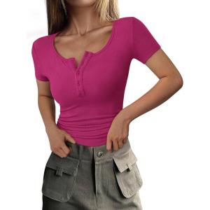 imagePRETTYGARDEN Womens 2026 Fall Summer Short Sleeve Tops Ribbed Henley Button Slim Fit Basic Casual T Shirts Blouse ClothingRose Red