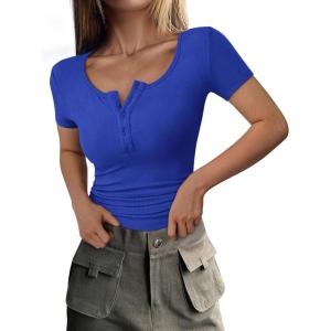 imagePRETTYGARDEN Womens 2026 Fall Summer Short Sleeve Tops Ribbed Henley Button Slim Fit Basic Casual T Shirts Blouse ClothingRoyal Blue