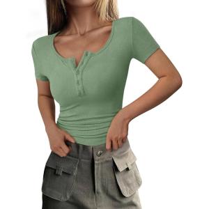 imagePRETTYGARDEN Womens 2026 Fall Summer Short Sleeve Tops Ribbed Henley Button Slim Fit Basic Casual T Shirts Blouse ClothingSage Green